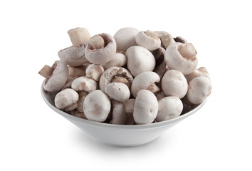 Group of clearned champignon in plate isolated on white background