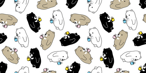 Bear seamless pattern vector polar bear coffee tea scarf isolated cartoon tile background repeat wallpaper illustration