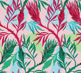 Seamless floral pattern made of protea flowers. Engraving texture. Bright fabric design.
