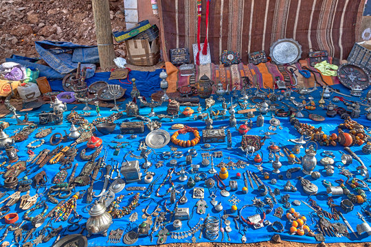 On A Market In A Small Mountain Village Near Agadir In The West African Country Morocco With Charming Silver Jewellery.