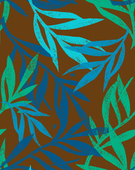 Seamless botanical pattern made of branches and leaves. Engraving texture. Background can be used on fabric or wrapping paper