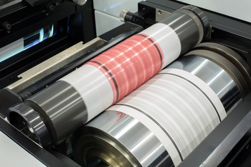 Flexography printing process on in-line press machine. Photopolymer plate stuck on printing...