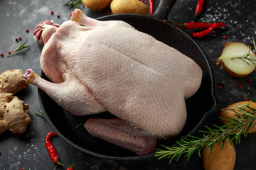 Raw free range duck with spices ready to cook in cast iron skillet, frying pan