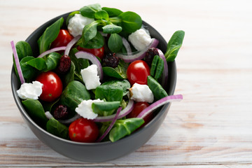 Winter salad with lamb's lettuce, spinach, cherry tomatoes, red onion, dried cranberries and goat cheese. Grey ceramic bowl, white wooden table, high resolution