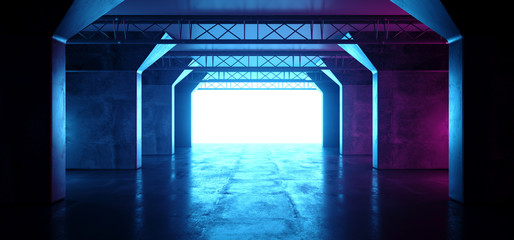 Neon Glowing Purple Pink Blue Retro Sci Fi Futuristic Modern Empty Grunge Concrete Reflective Stage Construction Tunnel Corridor Dark Room Hall 3D Rendering