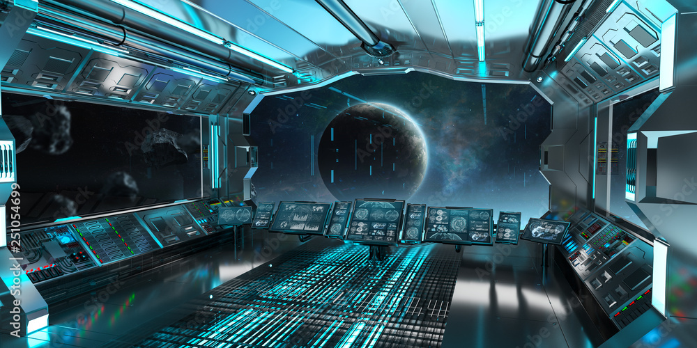 Poster blue spaceship interior control panel station 3d rendering
