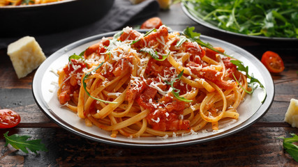 Spaghetti alla Amatriciana with pancetta bacon, tomatoes and pecorino cheese