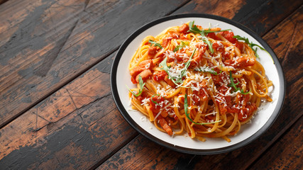 Spaghetti alla Amatriciana with pancetta bacon, tomatoes and pecorino cheese