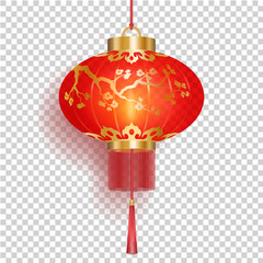 Red Chinese lantern with gold sakura patterns isolated on transperent background © MarySan