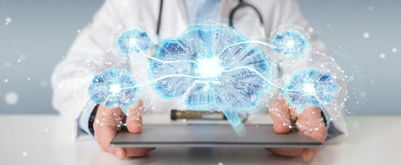 Doctor creating artificial intelligence interface 3D rendering