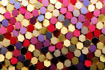 Background with random small hexagons in red yellow blue colors. 3d illustration.
