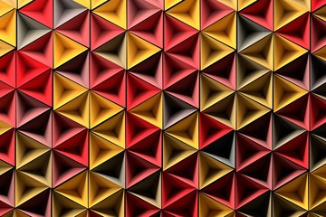 Background with randomly colored yellow red geometric shapes - inverted pyramids. 3d illustration.