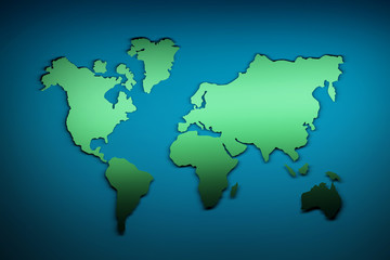 Silhouette contour of world map with shadows in green color on blue background symbolizing water. 3d illustration.