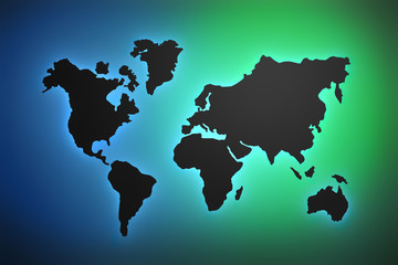 Silhouette contour of world map with gradinet colored background in green and blue color. 3d illustration.