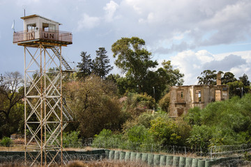 Old UN tower and a destroyed building in the UN buffer zone Nicosia, Cyprus