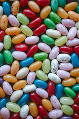 Colorful jelly beans as texture and background. Close up view of jelly candy beans.