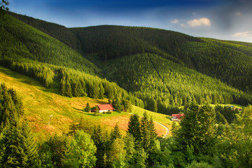 Valley in czech national park Giant mountain- Krkonose. The town with a lot of wooden huts in Spindleruv Mlyn. Czech nature is beautiful.