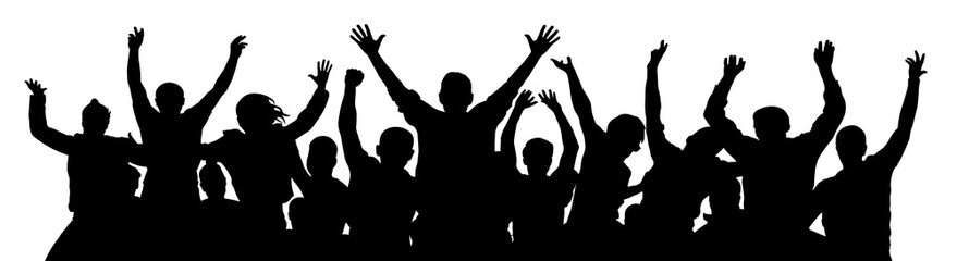 Crowd of fun people. A young group of people raised their hands up. Silhouette of vecton illustration