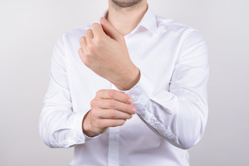 Unbutton beauty fashion elegance masculine virile concept. Cropped close up photo of serious...