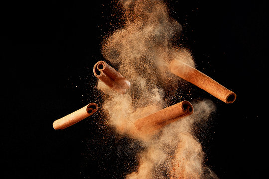 Food explosion with cinnamon sticks and powder