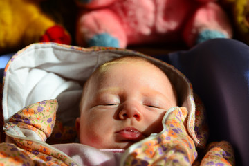 A newborn baby lies and sleeps in a stroller against the background of children's soft toys.