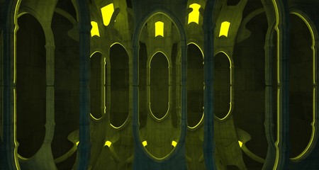 Abstract  Concrete Futuristic Sci-Fi Gothic interior With Yellow And Blue Glowing Neon Tubes . 3D illustration and rendering.