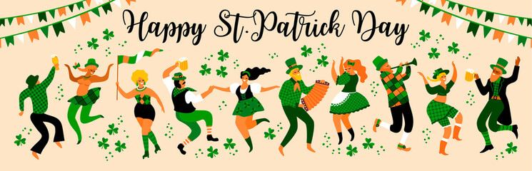Saint Patricks Day. Vector illustration with funny people in carnival costumes