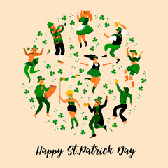 Saint Patricks Day. Vector illustration with funny people in carnival costumes