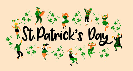 Saint Patrick s Day. Vector illustration with funny people in carnival costumes