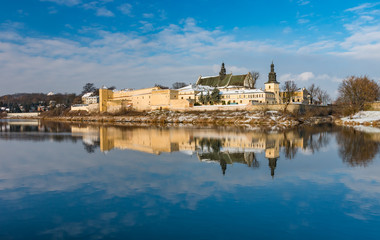 Krakow, Poland, winter landscape of Vistula river and Norbertine sisters monastery
