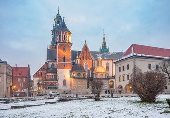 Wawel cathedral illuminated at winter night, Krakow, Poland