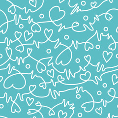 Seamless pattern with tangled intertwined lines with stylized hearts. Vintage background. Vector illustration.