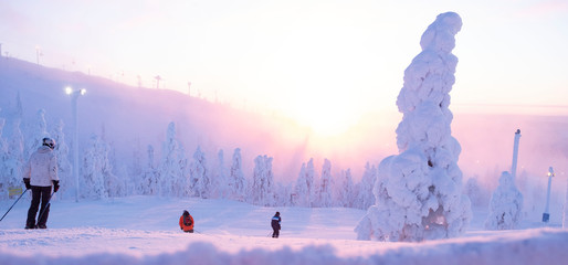 Winter sports, skiing. Stay at a ski resort in Finnish Lapland Ruka. Panorama