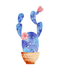 Watercolor galaxy handpainted cactus plant isolated on white background.