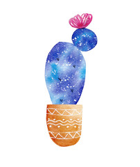 Watercolor galaxy handpainted cactus plant isolated on white background.