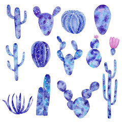 Watercolor hand drawn set with galaxy cactuses isolated on white