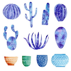 Watercolor hand drawn set with galaxy cactuses isolated on white