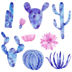 Watercolor hand drawn set with galaxy cactuses isolated on white background.