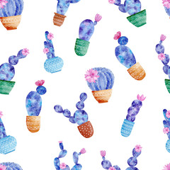 Seamless pattern with galaxy watercolor hand painted exotic cactus and pink flowers .
