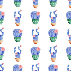 Seamless pattern with galaxy watercolor hand painted exotic cactus and coral flowers .
