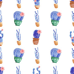 Seamless pattern with galaxy watercolor hand painted exotic cactus and coral flowers .