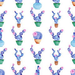 Seamless pattern with galaxy watercolor hand painted exotic cactus and pink flowers .