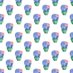 Seamless pattern with galaxy watercolor hand painted exotic cactus and coral flowers .
