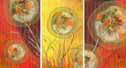 A collection of designer paintings painted in oil. Decoration for the interior. Modern abstract art on canvas. Painted painting with different textures and colors.