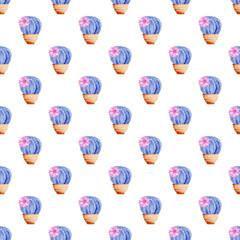 Seamless pattern with galaxy watercolor hand painted exotic cactus and pink flowers .
