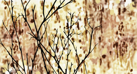 Collection of designer oil paintings. Decoration for the interior. Modern abstract art on canvas.  Trees on beige background.