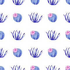 Seamless pattern with galaxy watercolor hand painted exotic cactus and pink flowers .