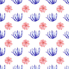 Seamless pattern with galaxy watercolor hand painted exotic cactus and coral flowers .