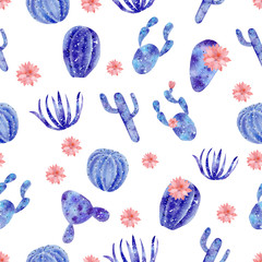 Seamless pattern with galaxy watercolor hand painted exotic cactus and coral flowers .