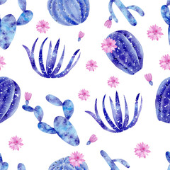 Seamless pattern with galaxy watercolor hand painted exotic cactus and pink flowers .